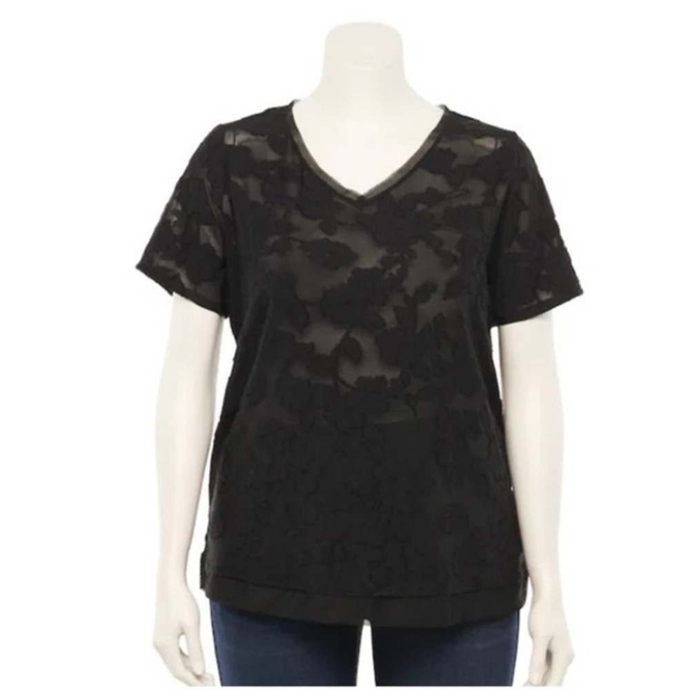 EVRI Floral‎ Textured Tee Plus Size 0X V-Neck Black Burnout Sheer Whimsygoth